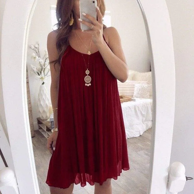 FashionSierra - Plus Size Women Chiffon Summer Casual Sleeveless Dress New Fashion Solid Strappy Beach Sundress Short Dress