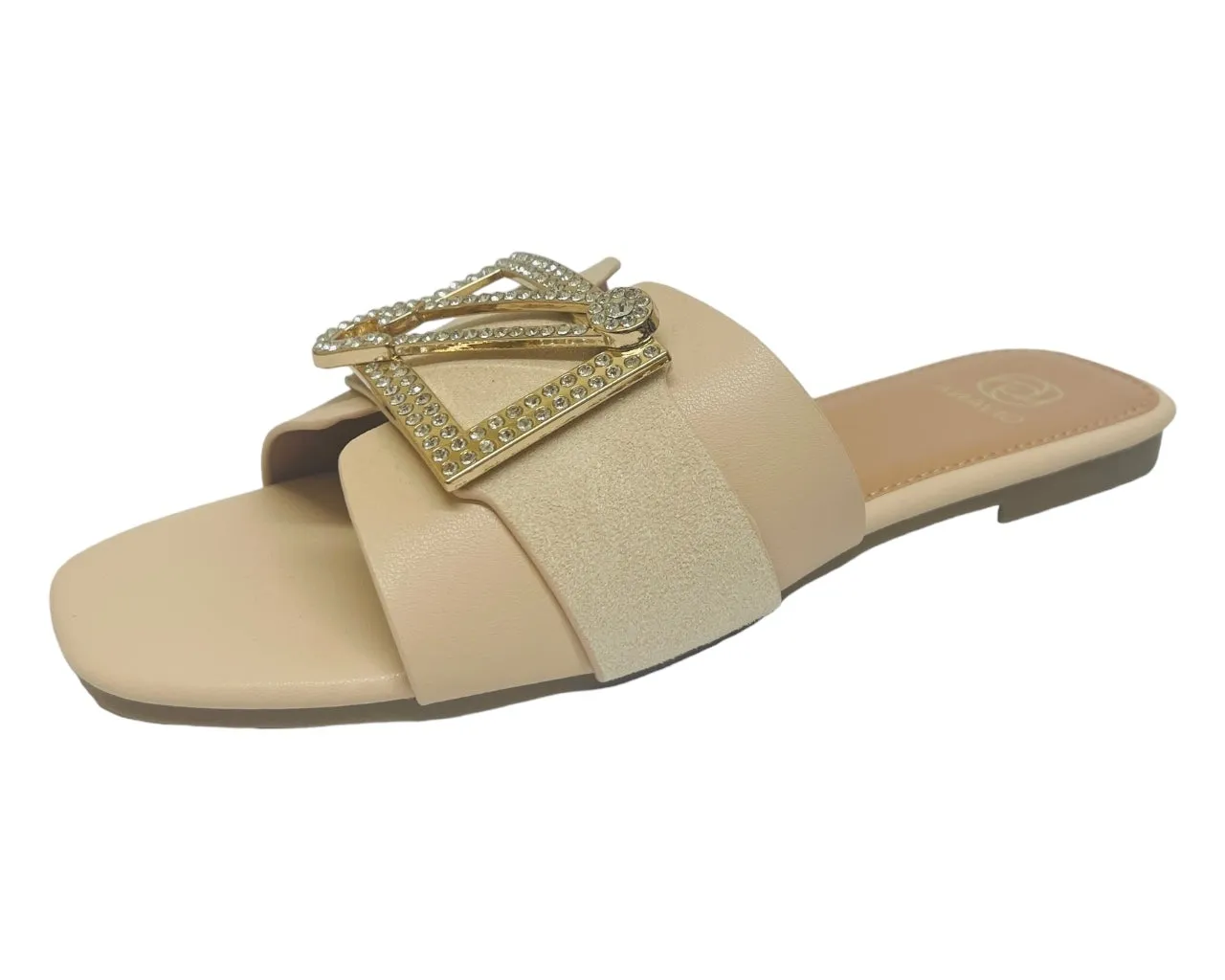 Faux Leather Diamante Flat Smart Slider Sandals