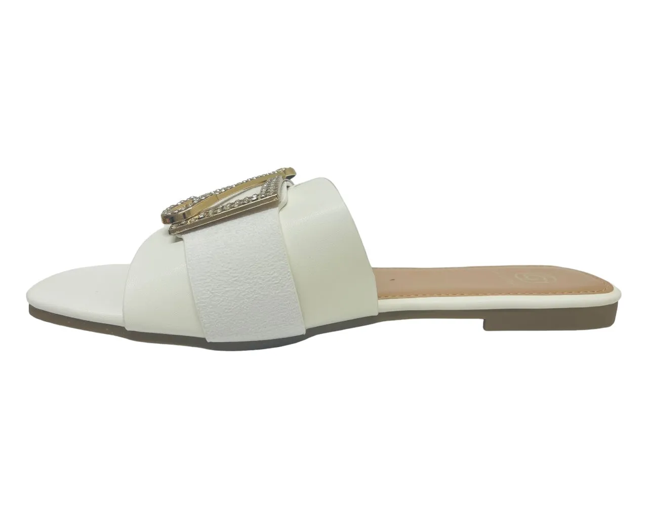 Faux Leather Diamante Flat Smart Slider Sandals