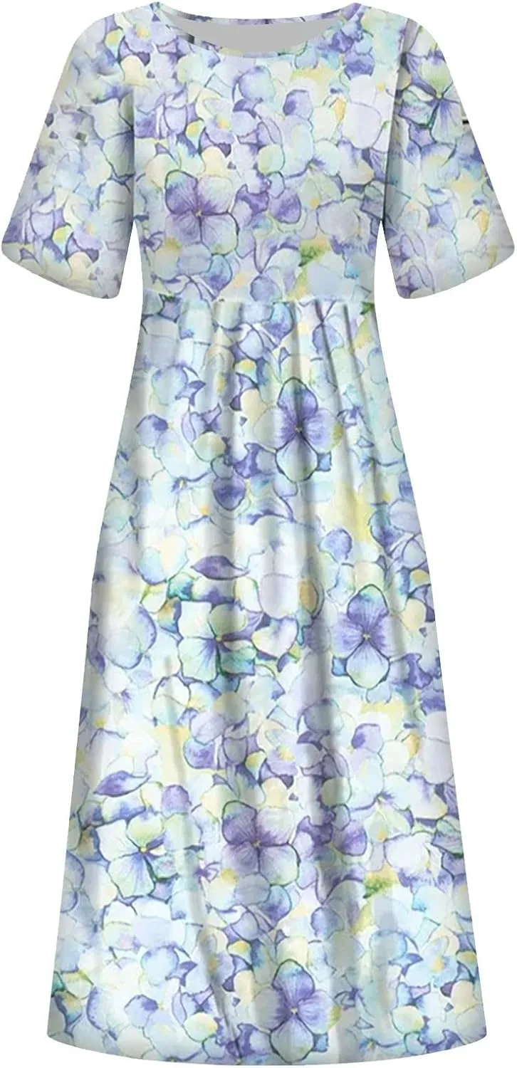 FlekmanArt Womens Summer Dresses O Neck Short Sleeve Beach Dress Pleated Printed Long Dress Trendy Boho Dress with Pocket
