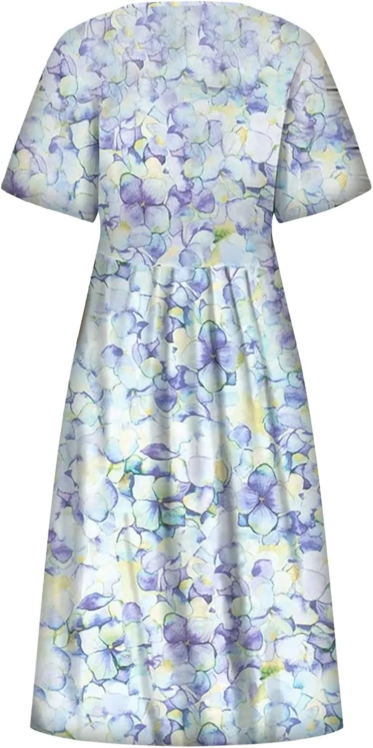FlekmanArt Womens Summer Dresses O Neck Short Sleeve Beach Dress Pleated Printed Long Dress Trendy Boho Dress with Pocket