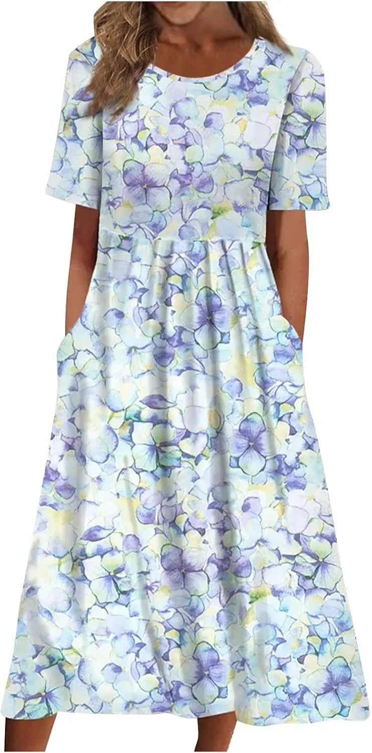 FlekmanArt Womens Summer Dresses O Neck Short Sleeve Beach Dress Pleated Printed Long Dress Trendy Boho Dress with Pocket