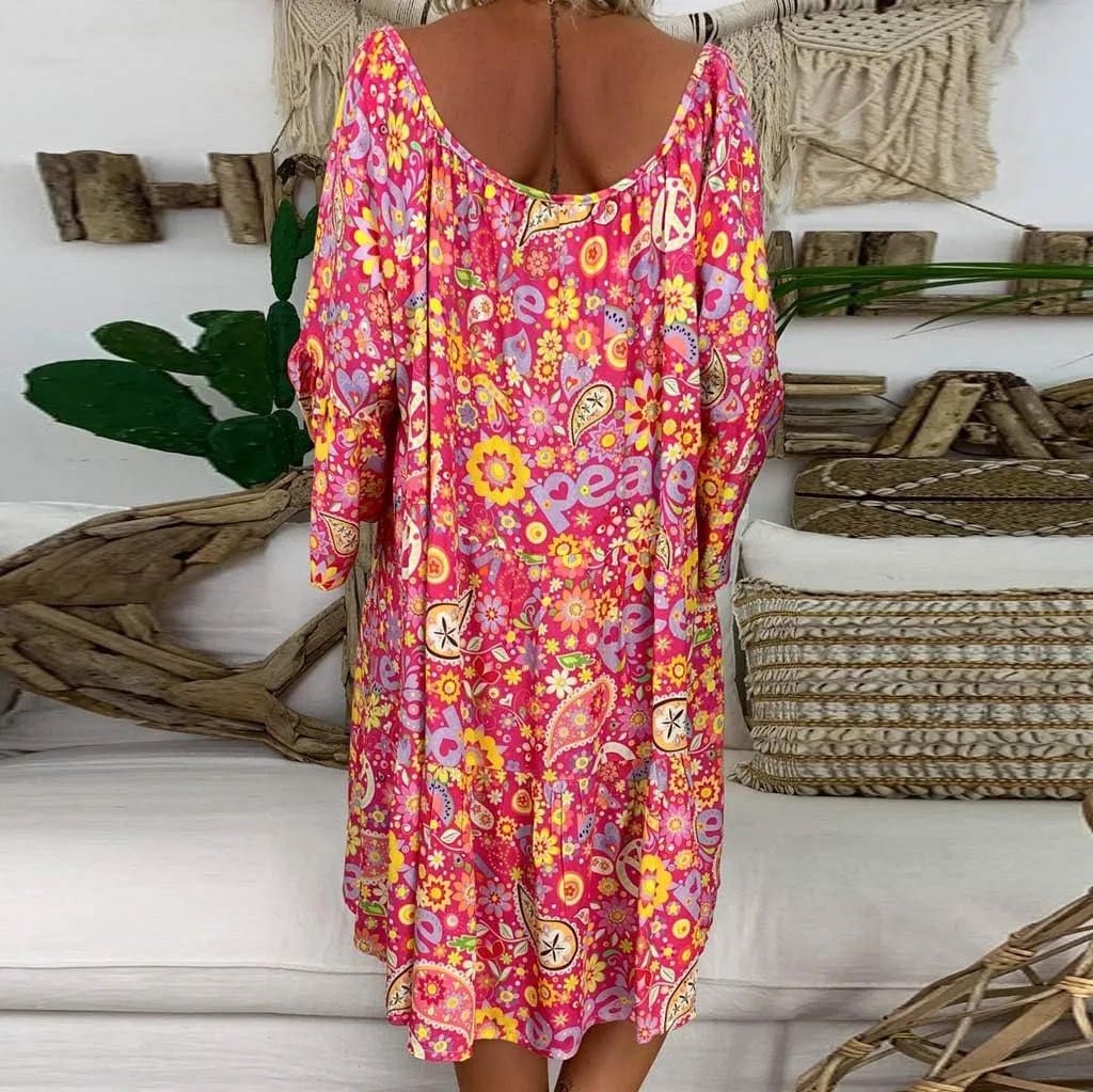 Floral Dresses for Women 2024 Plus Size Casual Loose Midi Dress V Neck Drawstring Long Sleeve Beach Summer Dresses
