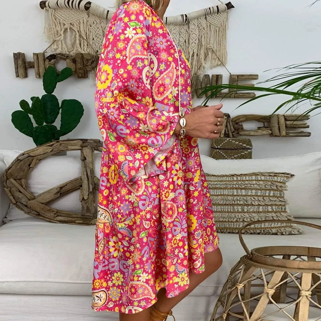 Floral Dresses for Women 2024 Plus Size Casual Loose Midi Dress V Neck Drawstring Long Sleeve Beach Summer Dresses