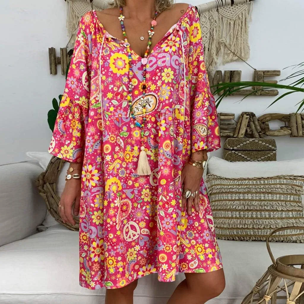 Floral Dresses for Women 2024 Plus Size Casual Loose Midi Dress V Neck Drawstring Long Sleeve Beach Summer Dresses