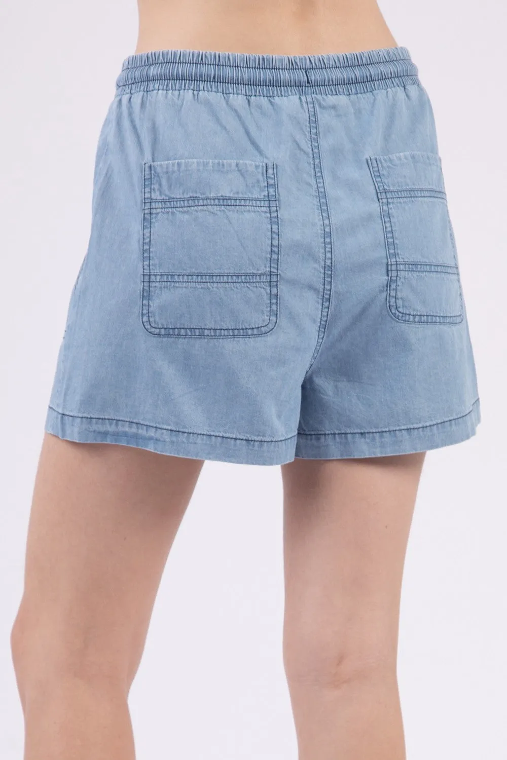 High Waist Washed Chambray Denim Shorts