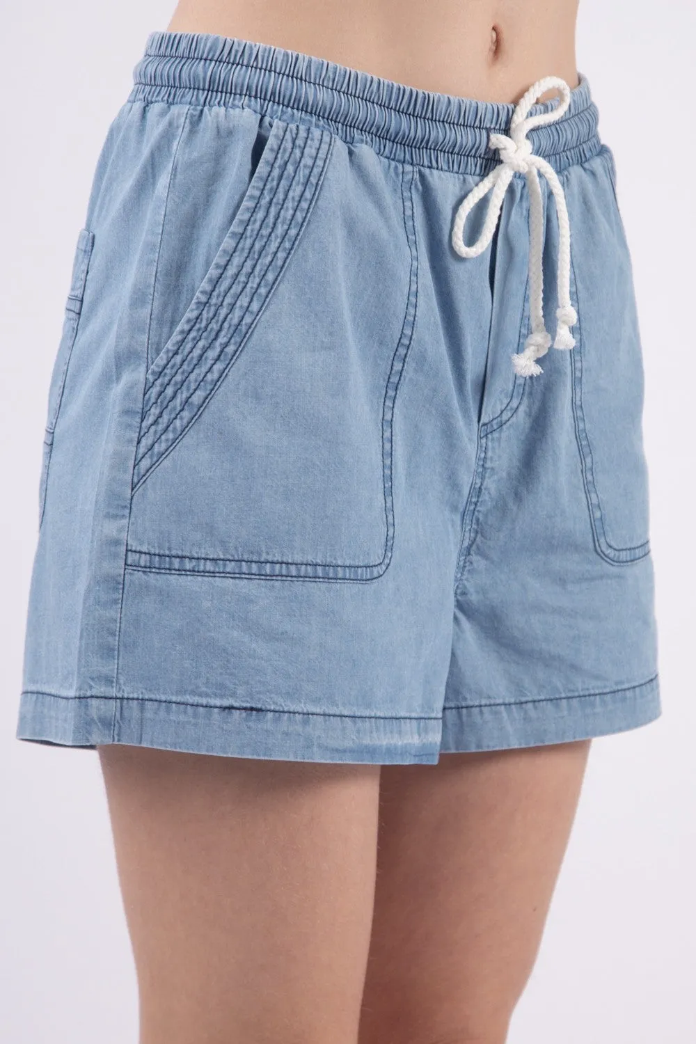 High Waist Washed Chambray Denim Shorts