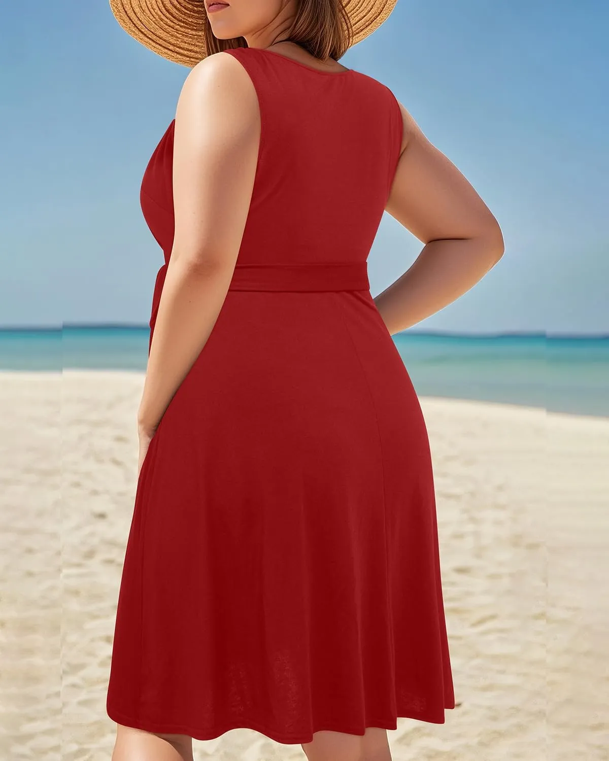 Holipick Women's Plus Size Sleeveless V Neck Wrap Sundress Summer Casual Dress with Pockets