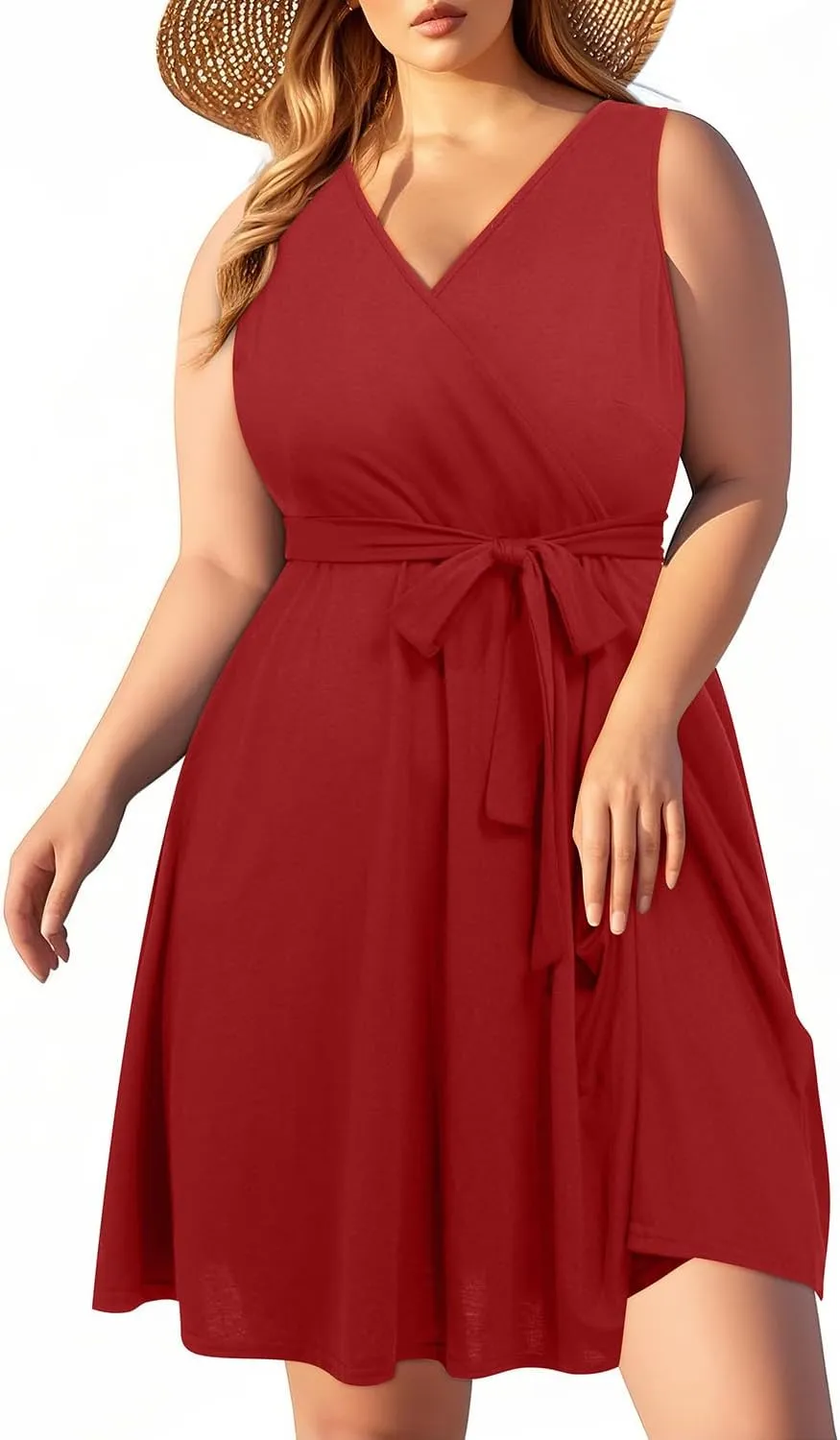 Holipick Women's Plus Size Sleeveless V Neck Wrap Sundress Summer Casual Dress with Pockets