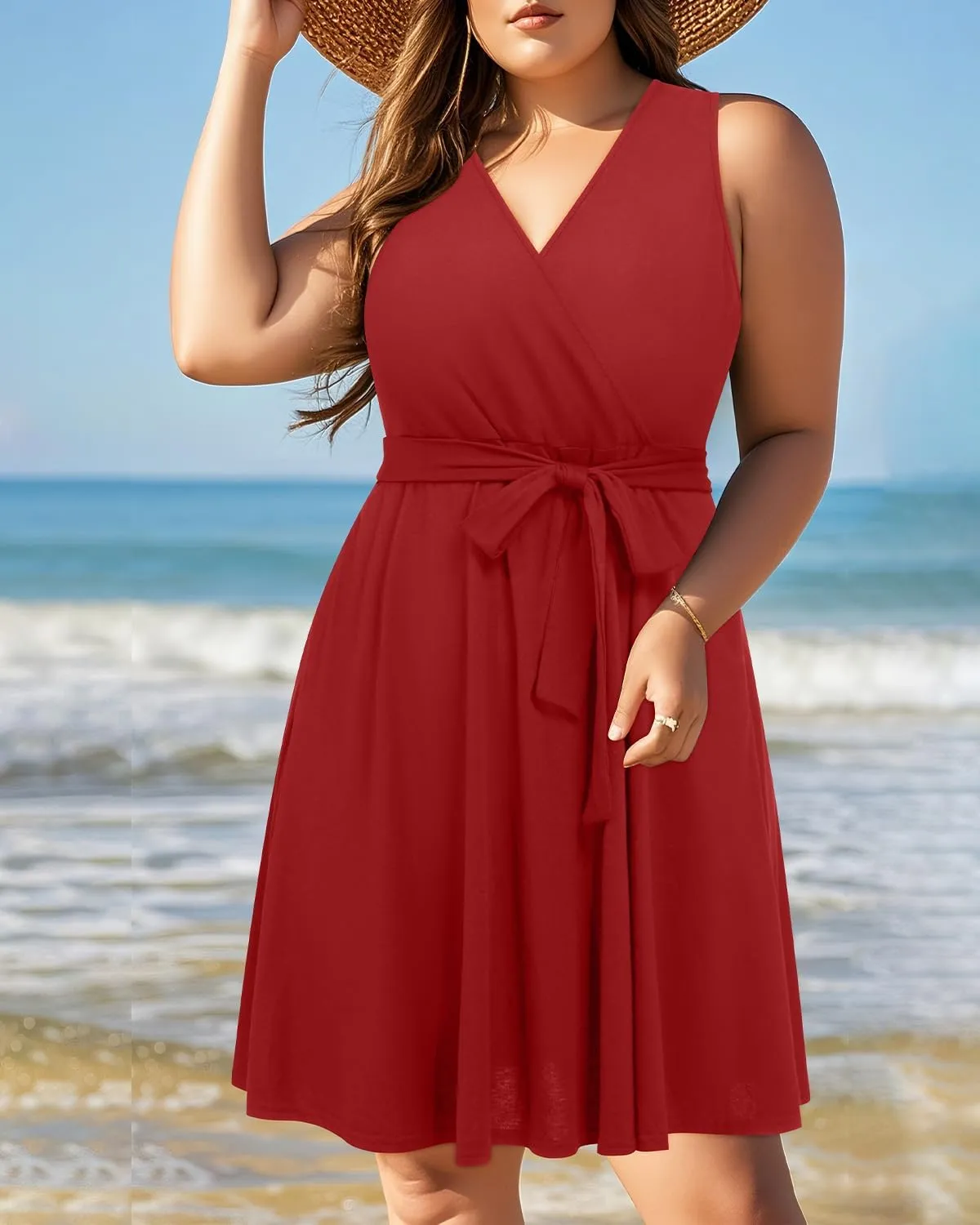 Holipick Women's Plus Size Sleeveless V Neck Wrap Sundress Summer Casual Dress with Pockets