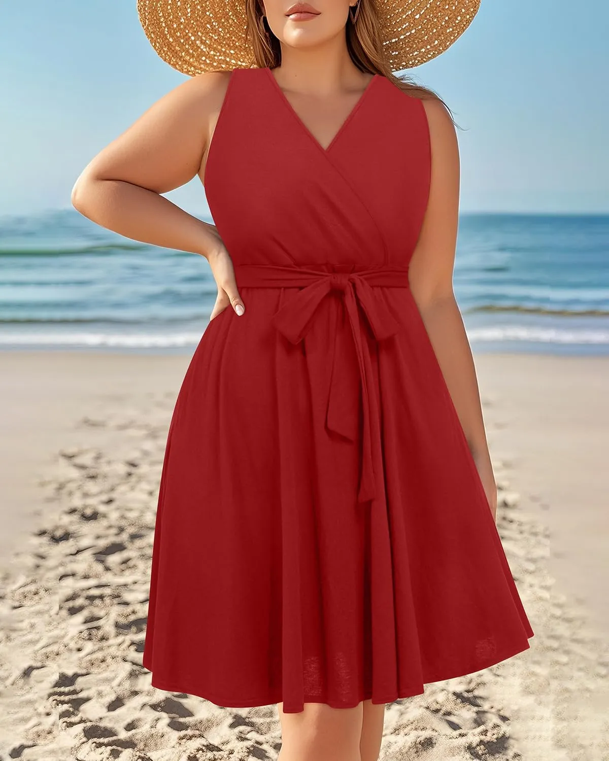 Holipick Women's Plus Size Sleeveless V Neck Wrap Sundress Summer Casual Dress with Pockets