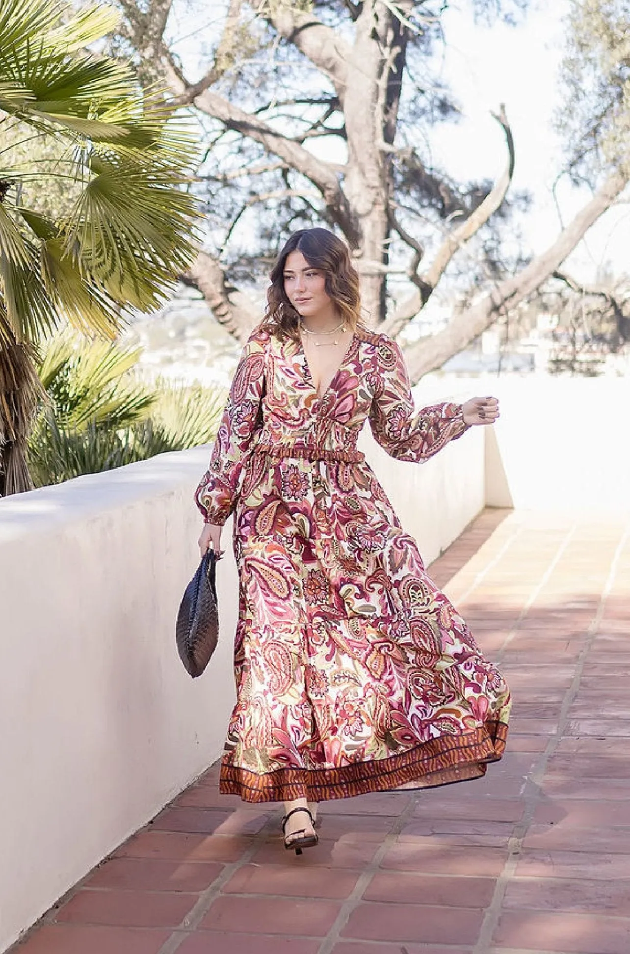 Jessica Long Sleeve Paisley Print Tiered Maxi Dress Rust