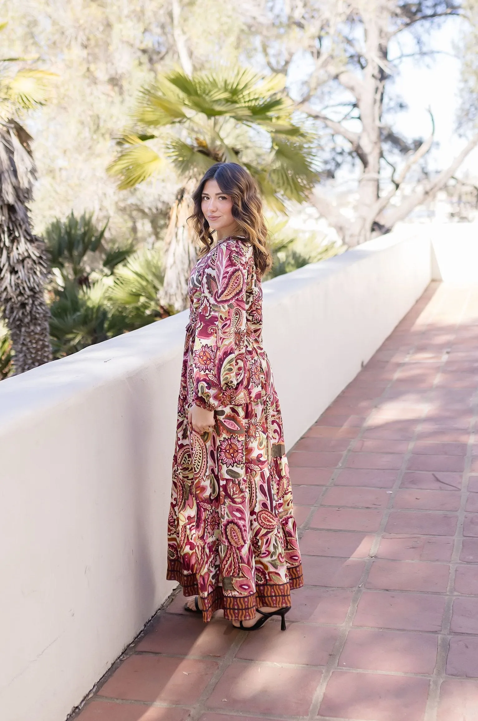 Jessica Long Sleeve Paisley Print Tiered Maxi Dress Rust