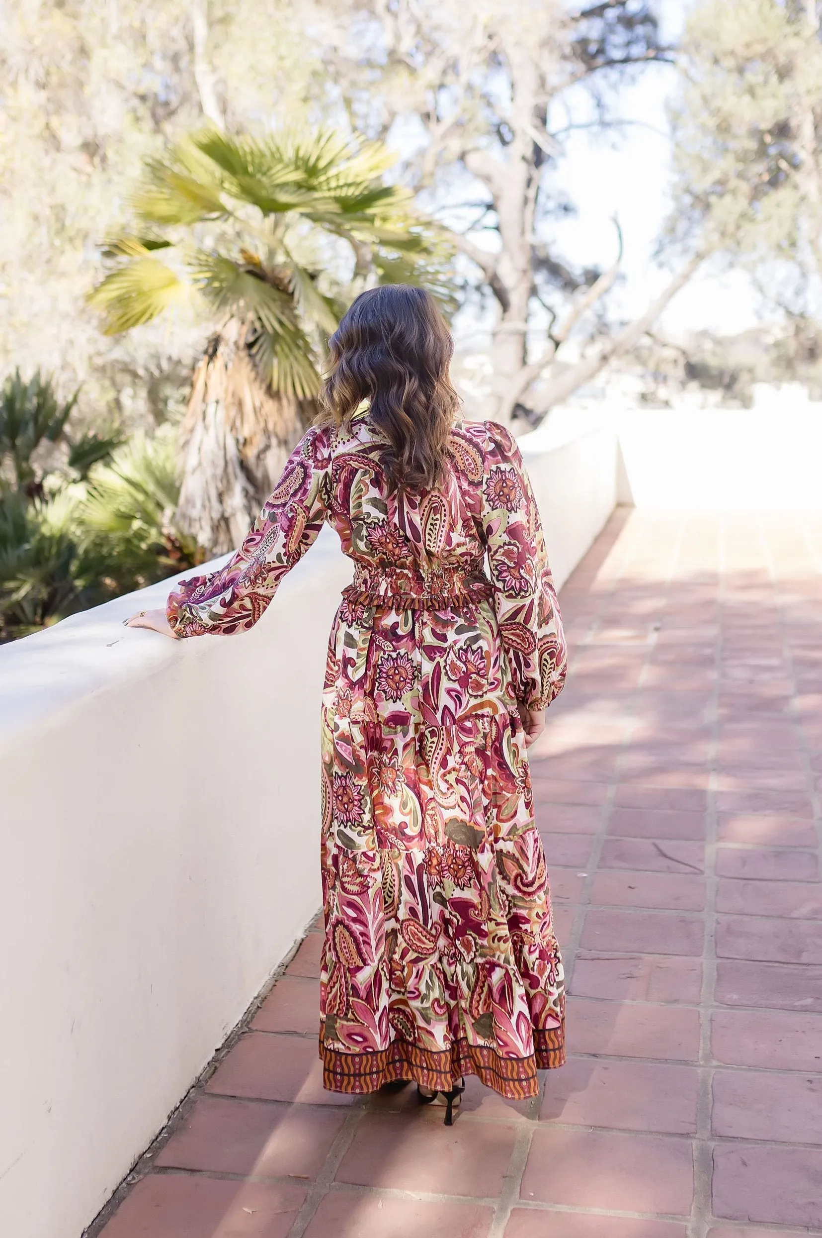 Jessica Long Sleeve Paisley Print Tiered Maxi Dress Rust