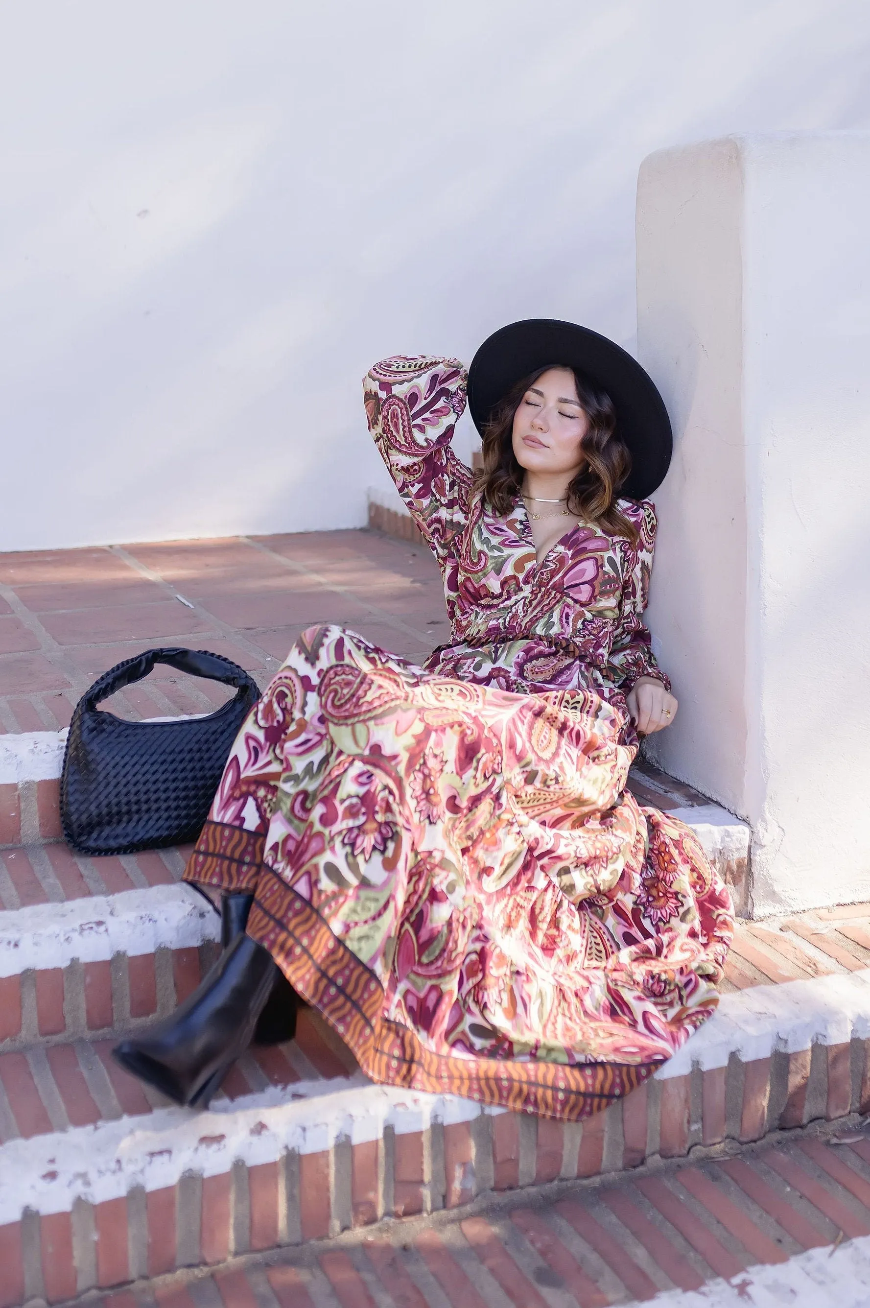 Jessica Long Sleeve Paisley Print Tiered Maxi Dress Rust