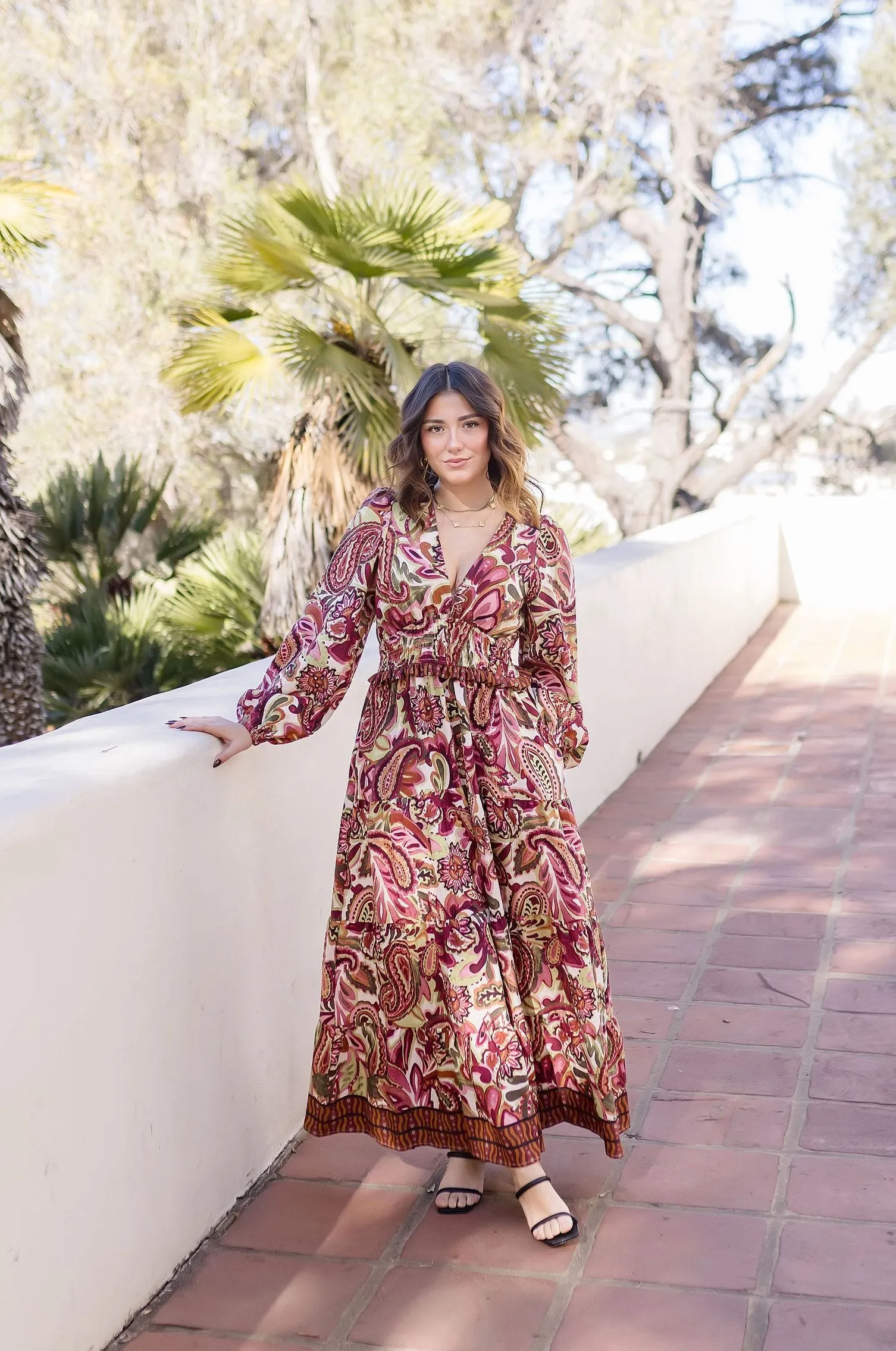 Jessica Long Sleeve Paisley Print Tiered Maxi Dress Rust