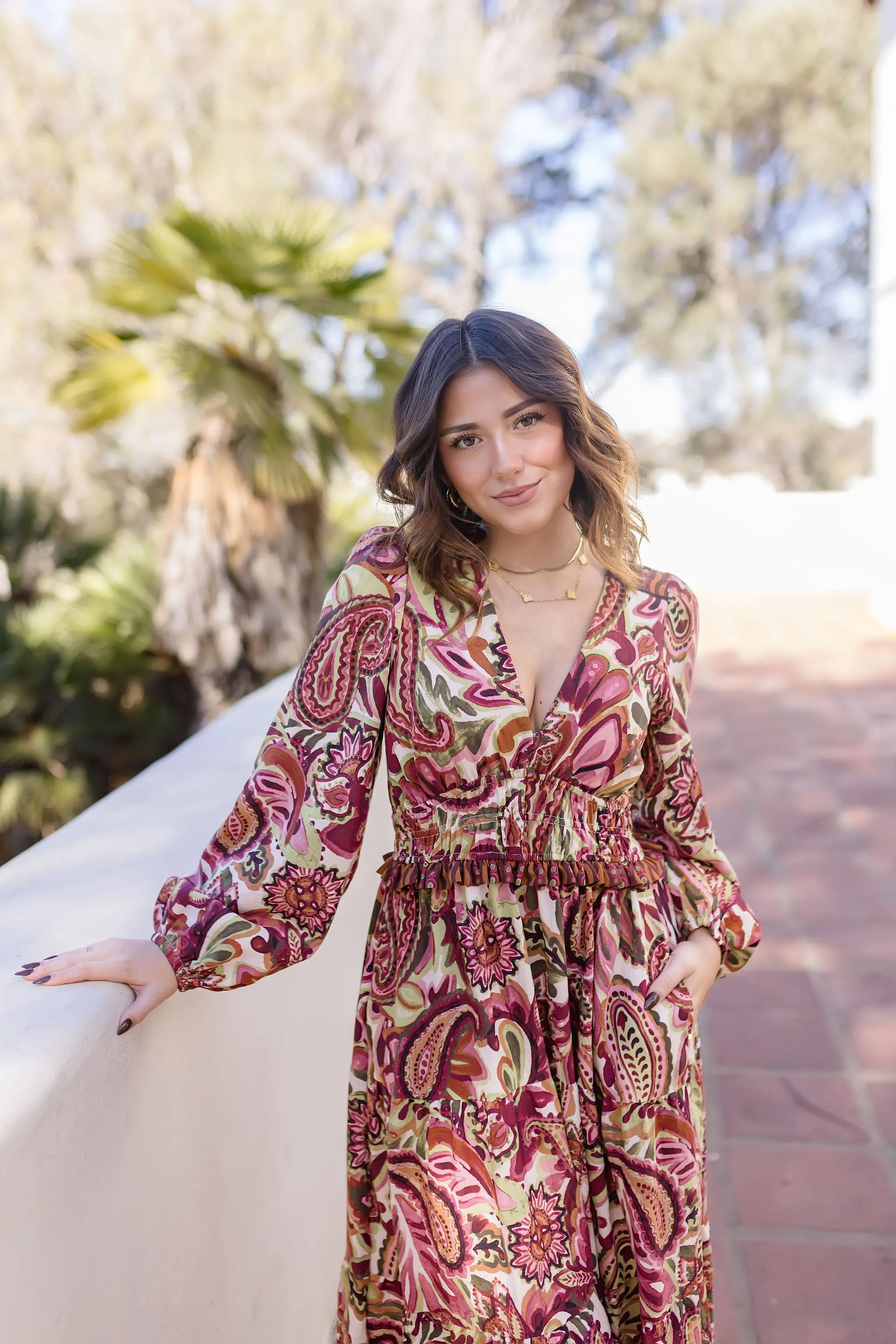 Jessica Long Sleeve Paisley Print Tiered Maxi Dress Rust