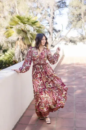 Jessica Long Sleeve Paisley Print Tiered Maxi Dress Rust