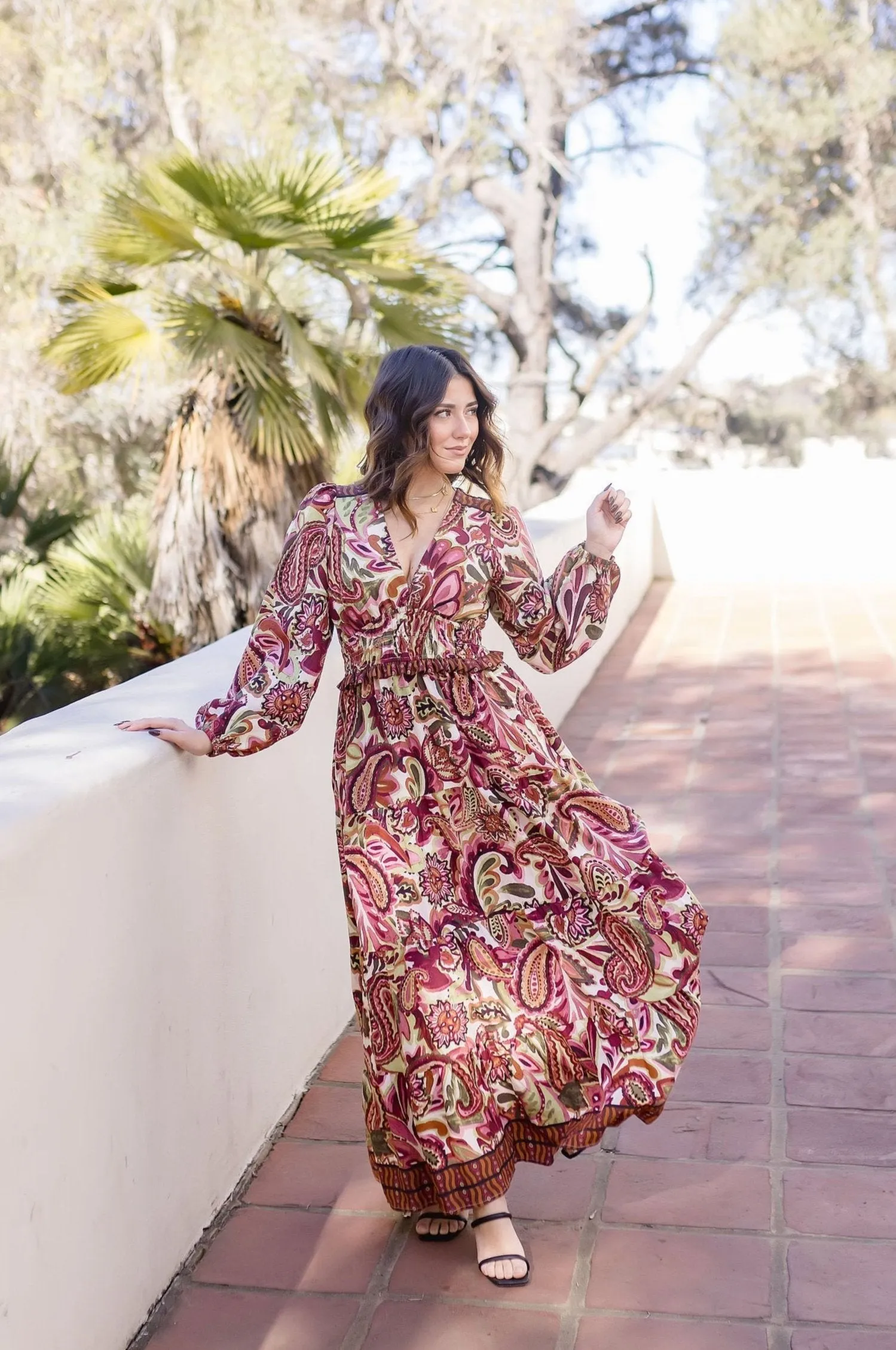 Jessica Long Sleeve Paisley Print Tiered Maxi Dress Rust