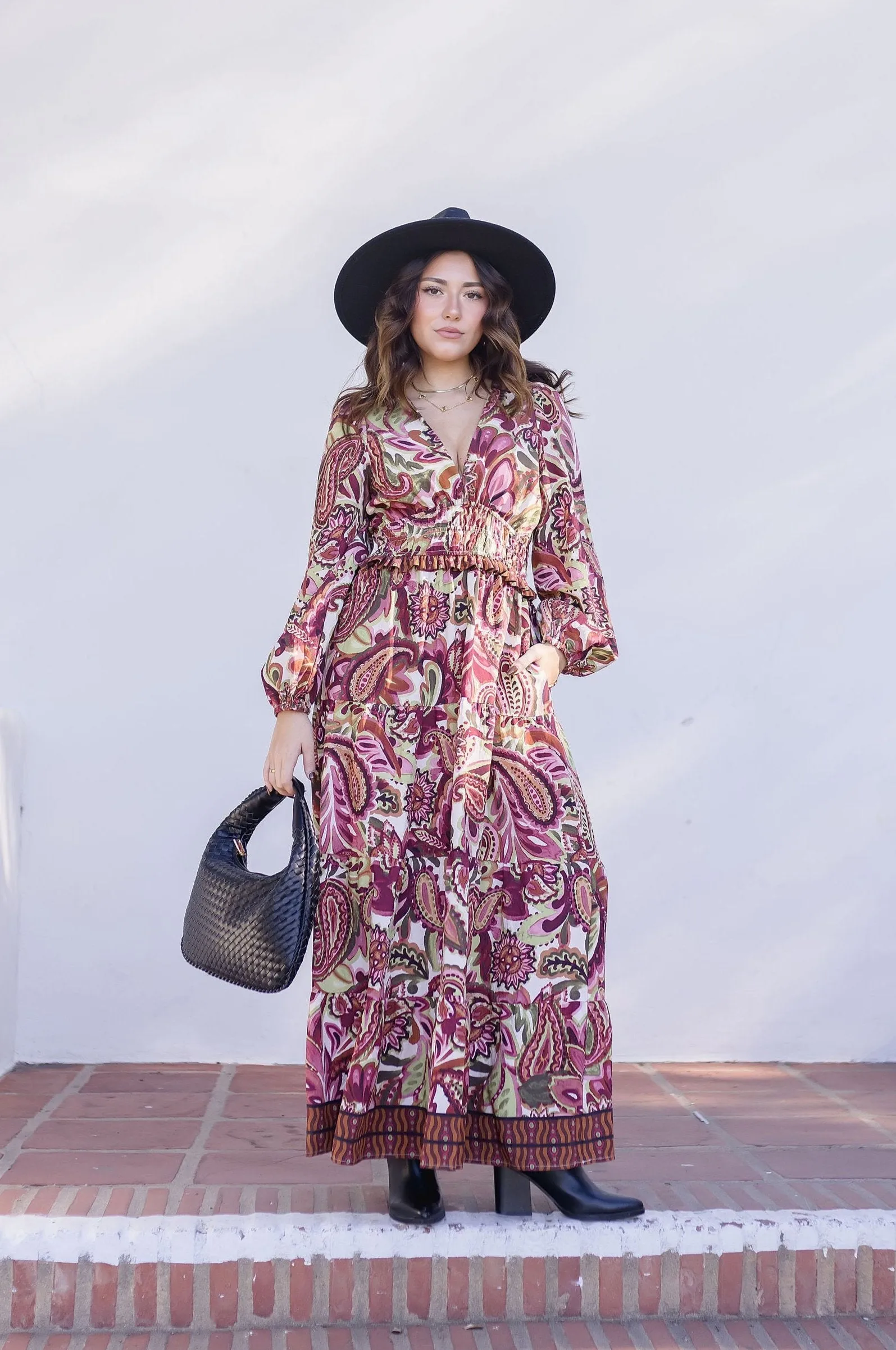 Jessica Long Sleeve Paisley Print Tiered Maxi Dress Rust