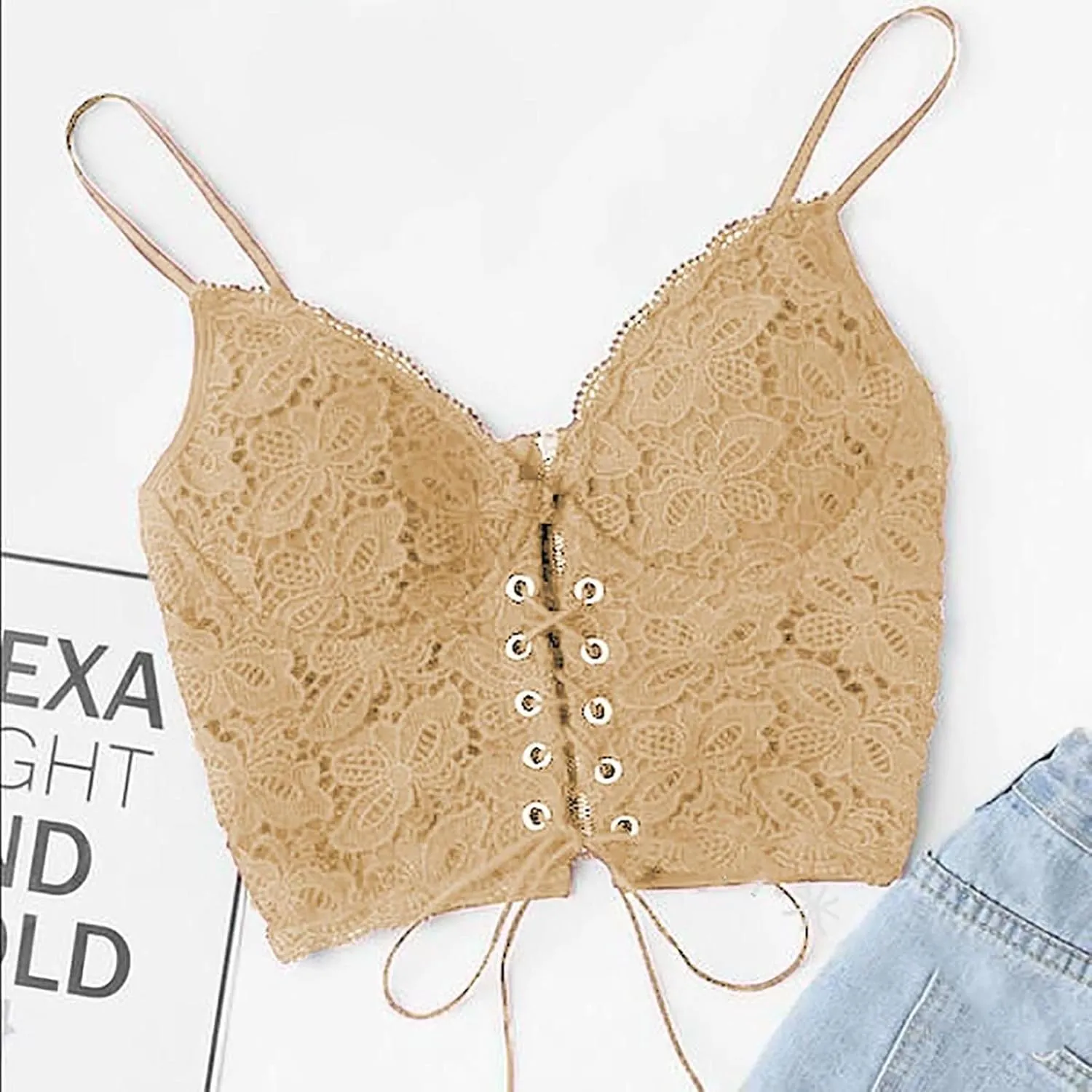 Lace Bralette for Women Sexy Spaghetti Strap Breathable Tank Top V Neck Push up Slim Fit Basic Vest Women Sport Bras