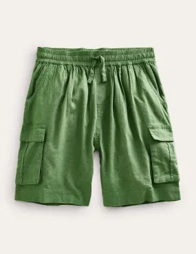 Linen Cotton Cargo Shorts-Khaki Green