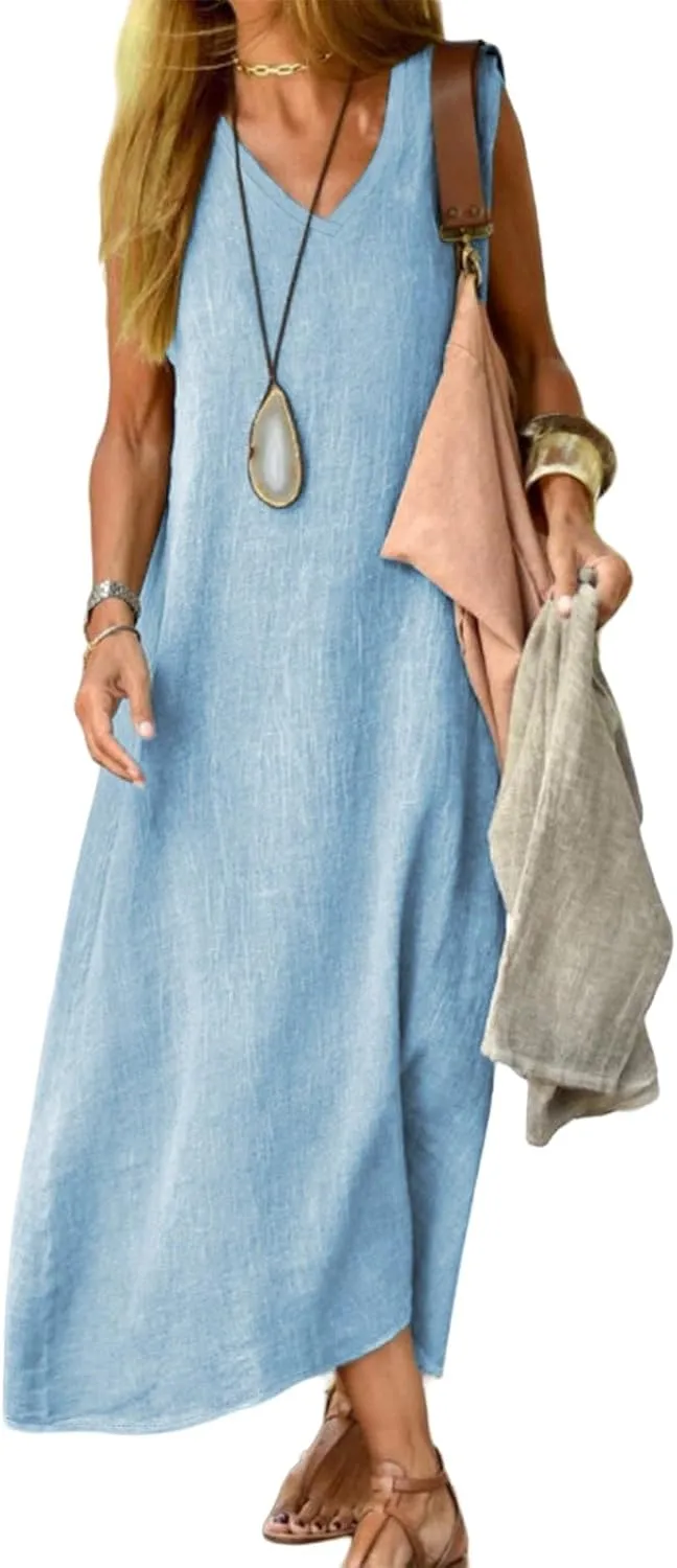 Linen Dress Women Summer Sleeveless Tank V Neck Maxi Flowy Dresses Beach Casual Vacation Fashion Comfy Long Dresses