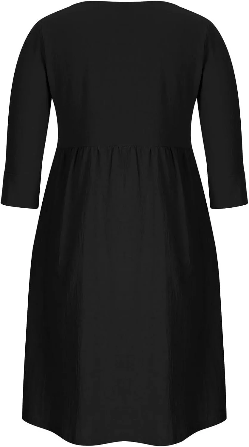 Linen Dresses for Women 2025 Casual Loose Shift Tunic Round Neck 3/4 Sleeve Dress Solid Color Basic Breathable Dress
