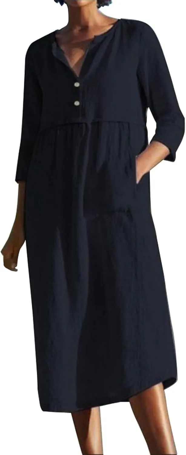 Linen Dresses for Women 2025 Casual Loose Shift Tunic Round Neck 3/4 Sleeve Dress Solid Color Basic Breathable Dress