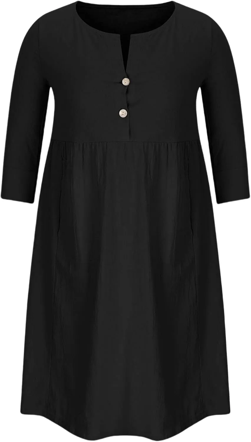 Linen Dresses for Women 2025 Casual Loose Shift Tunic Round Neck 3/4 Sleeve Dress Solid Color Basic Breathable Dress