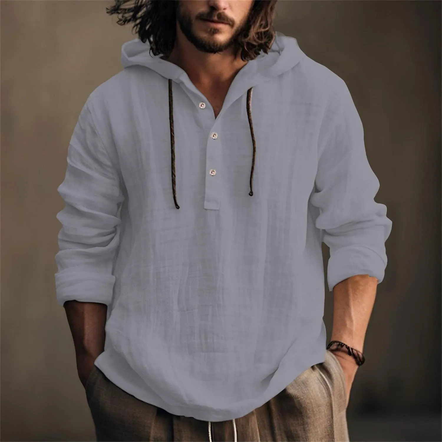 Linen Shirts for Men Breathable Quick Dry Button Up Long Sleeve Shirt with Hood Loose Summer Hoodies Casual Beach Tops