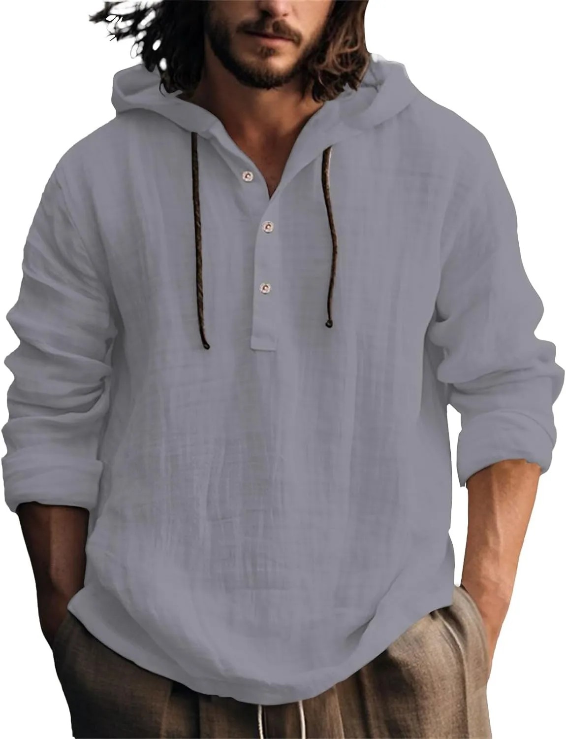 Linen Shirts for Men Breathable Quick Dry Button Up Long Sleeve Shirt with Hood Loose Summer Hoodies Casual Beach Tops