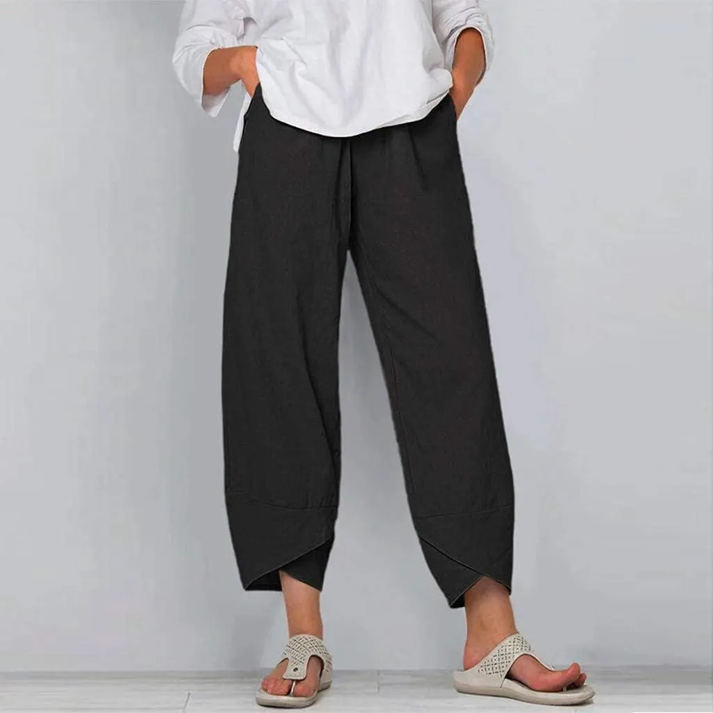 LOAIHA Cotton Linen Casual Summer Capri Pants Printed Cropped Comfy Baggy Trousers with Pockets Palazzo Lounge Pants