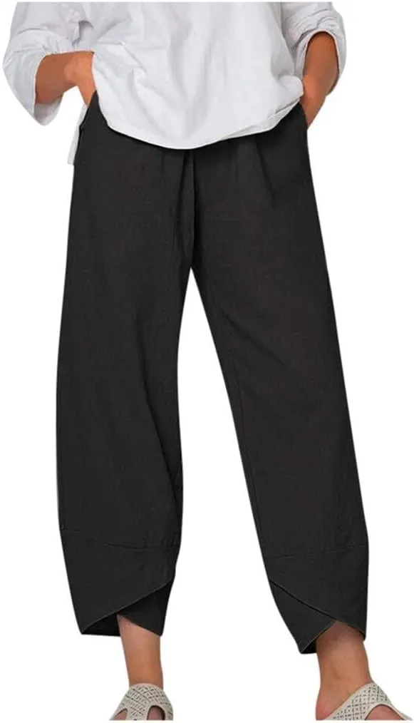 LOAIHA Cotton Linen Casual Summer Capri Pants Printed Cropped Comfy Baggy Trousers with Pockets Palazzo Lounge Pants