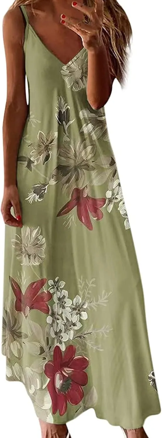 Maxi Dresses for Women 2024 Sexy V Neck Spaghetti Strap Sun Dress Floral Print Flowy Boho Beach Dress Summer Dresses