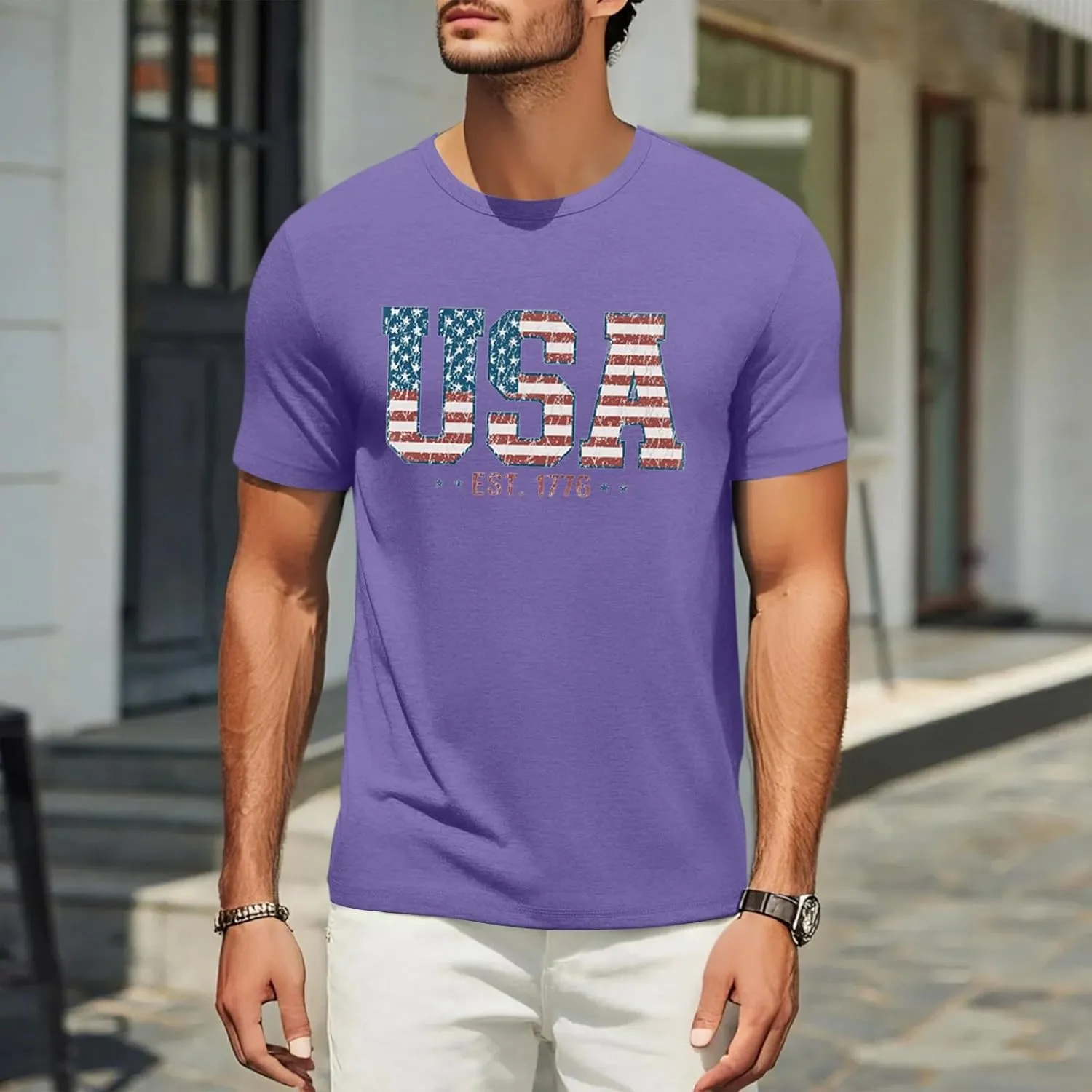 Men's American Flag Shirt Sleeve 1776 USA Graphic Dry Fit Cotton Breathable T-Shirts Independence Day Shirts