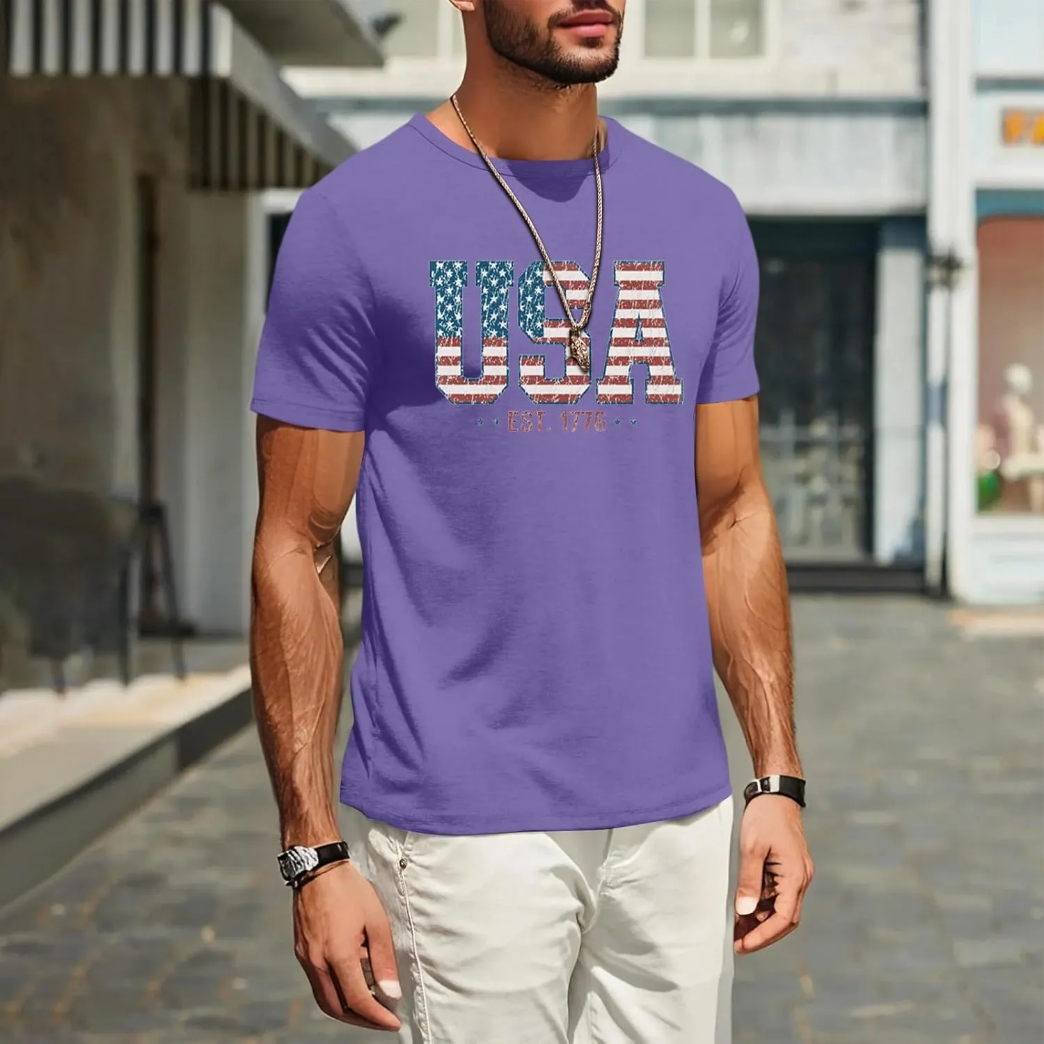 Men's American Flag Shirt Sleeve 1776 USA Graphic Dry Fit Cotton Breathable T-Shirts Independence Day Shirts