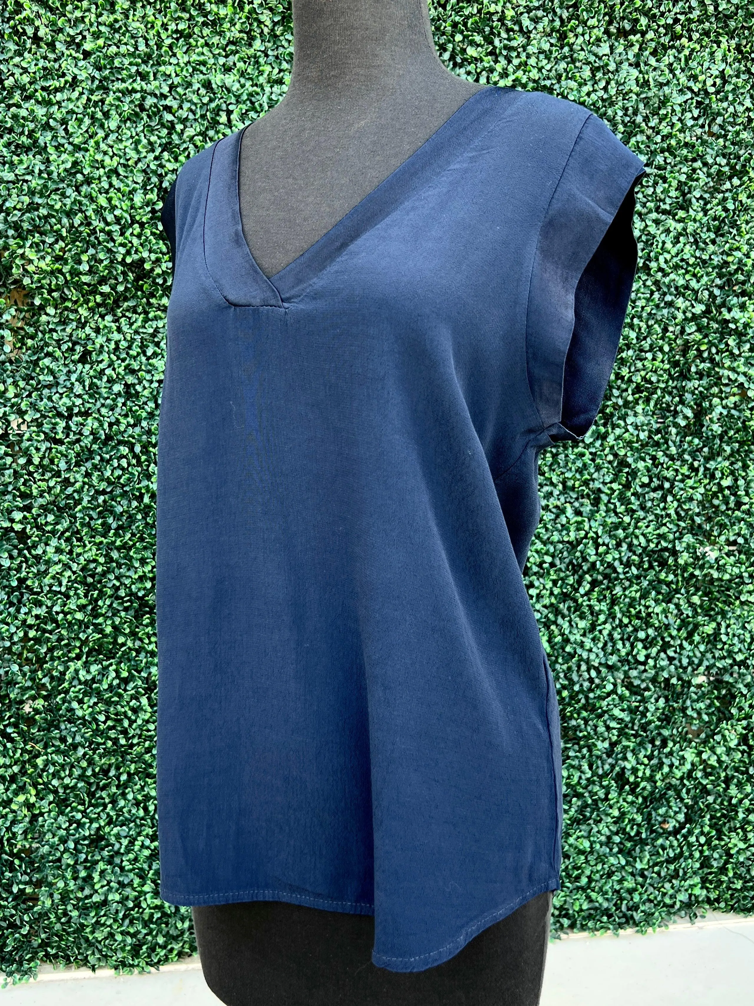 Navy Satin V Neck Tank