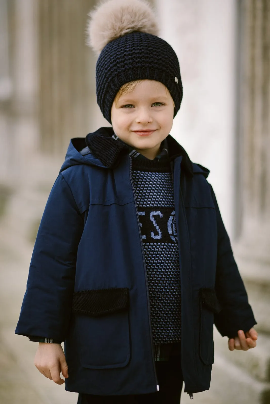 Paz Rodriguez Kids Knitted Pom Pom Hat in Navy