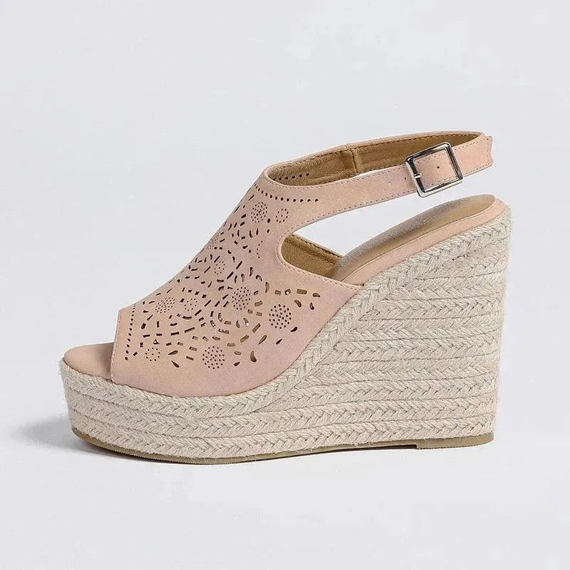 Peep Toe Leather Wedge Sandals