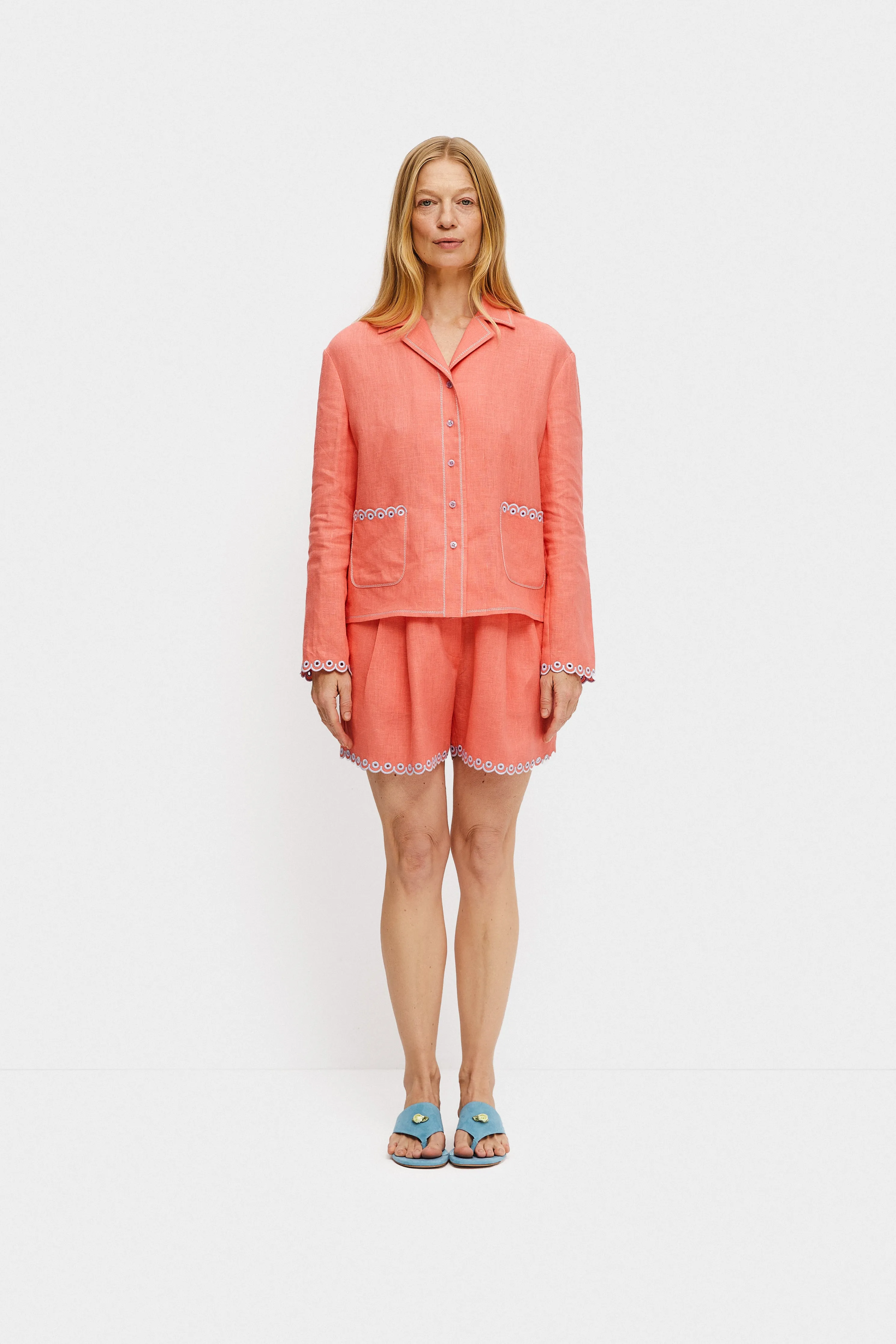 Petra Embroidered Linen Shirt in Strawberry