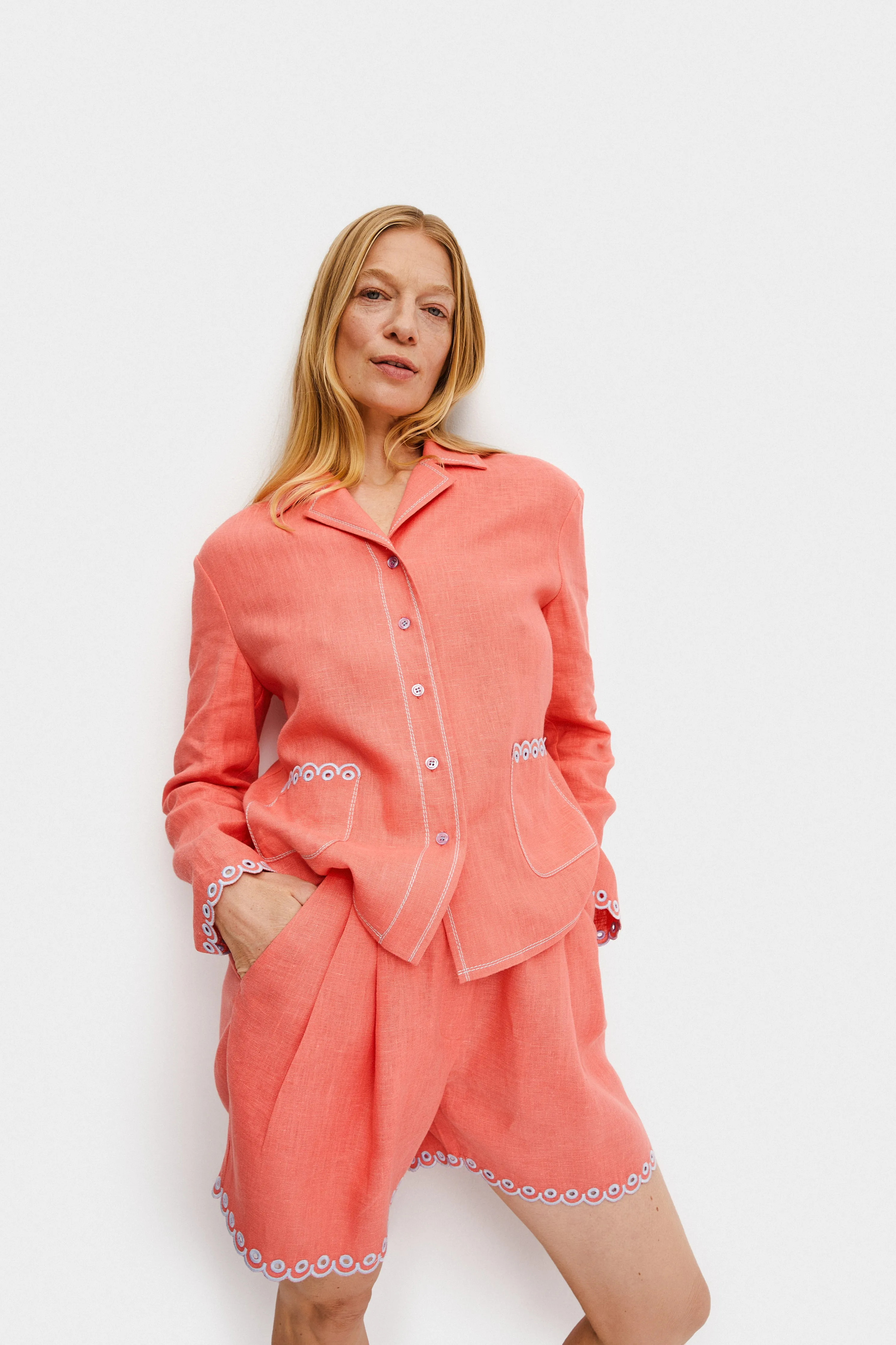 Petra Embroidered Linen Shirt in Strawberry