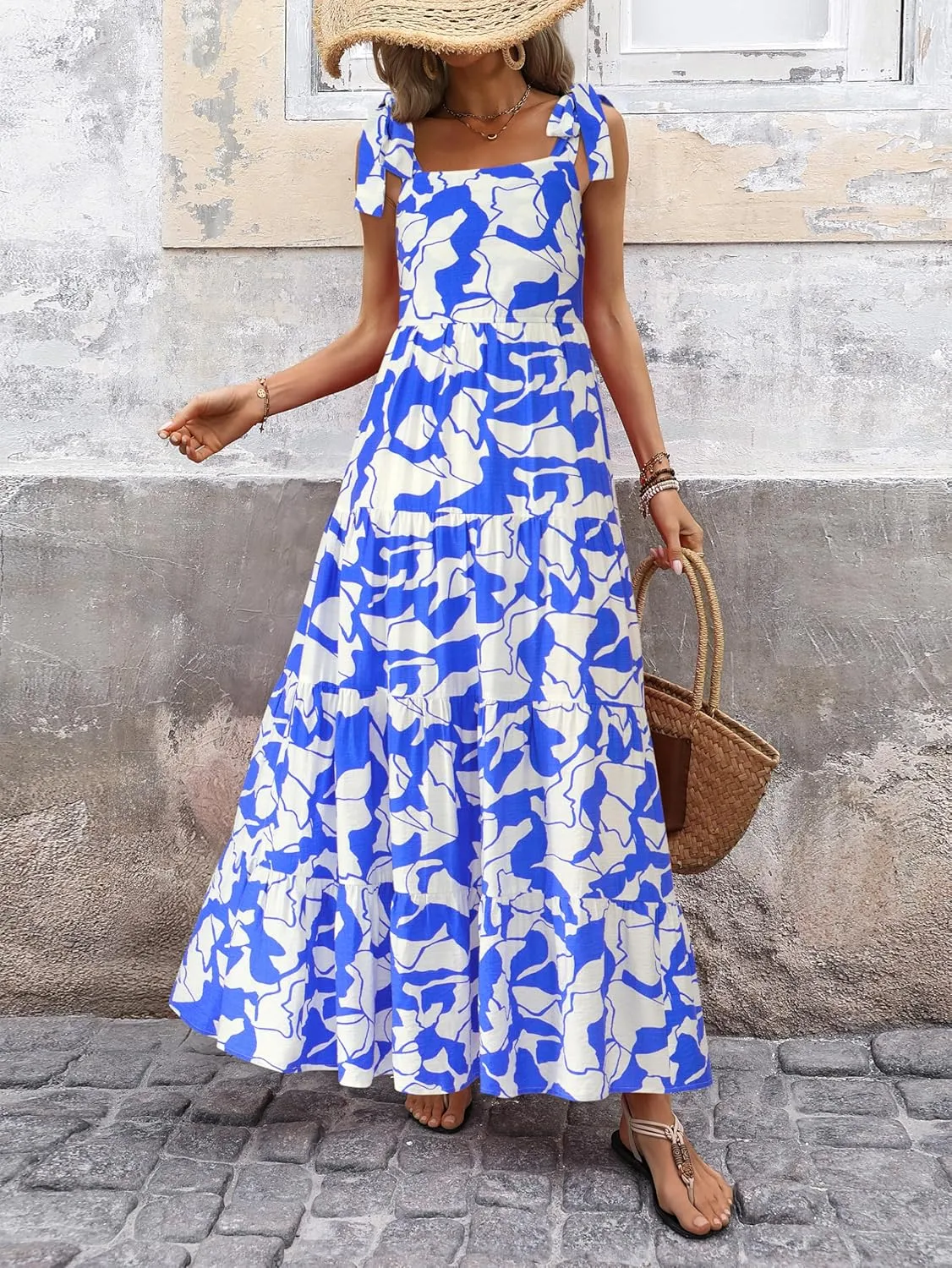 PRETTYGARDEN Womens Dresses 2025 Summer Floral Sleeveless Maxi Dress Casual Spaghetti Strap Tiered Flowy Beach Long Dress