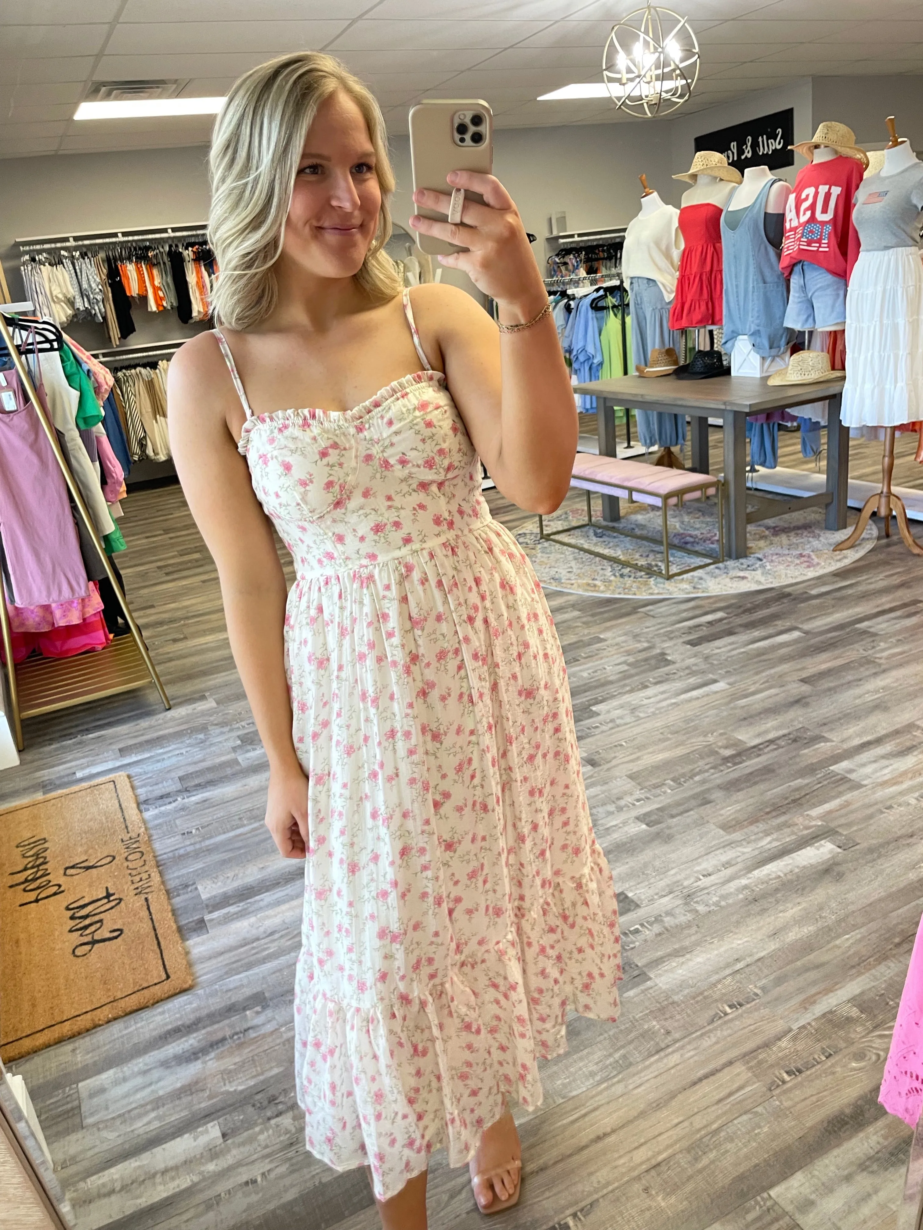 Rose Print Midi Dress - Cream/Pink
