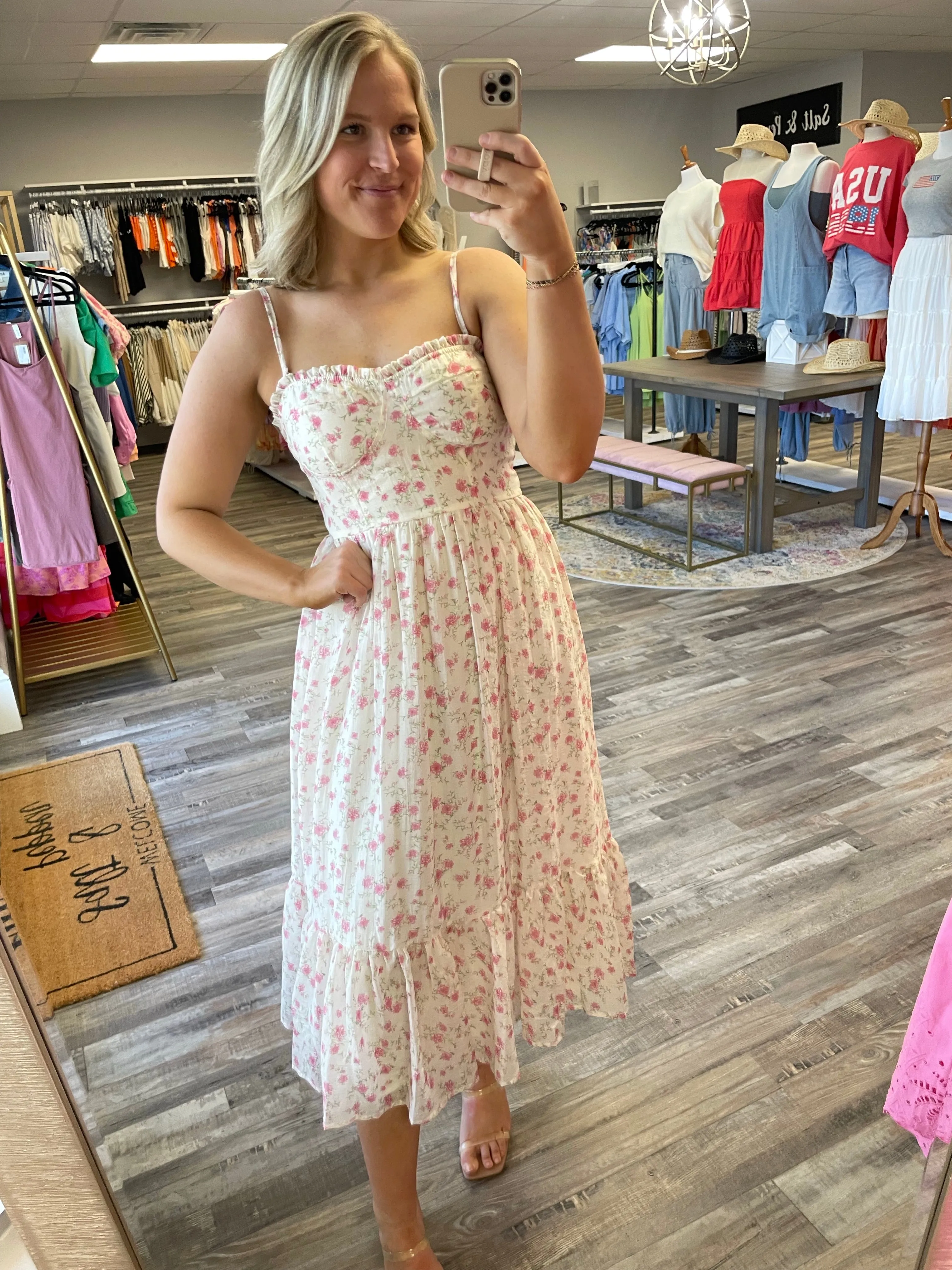 Rose Print Midi Dress - Cream/Pink