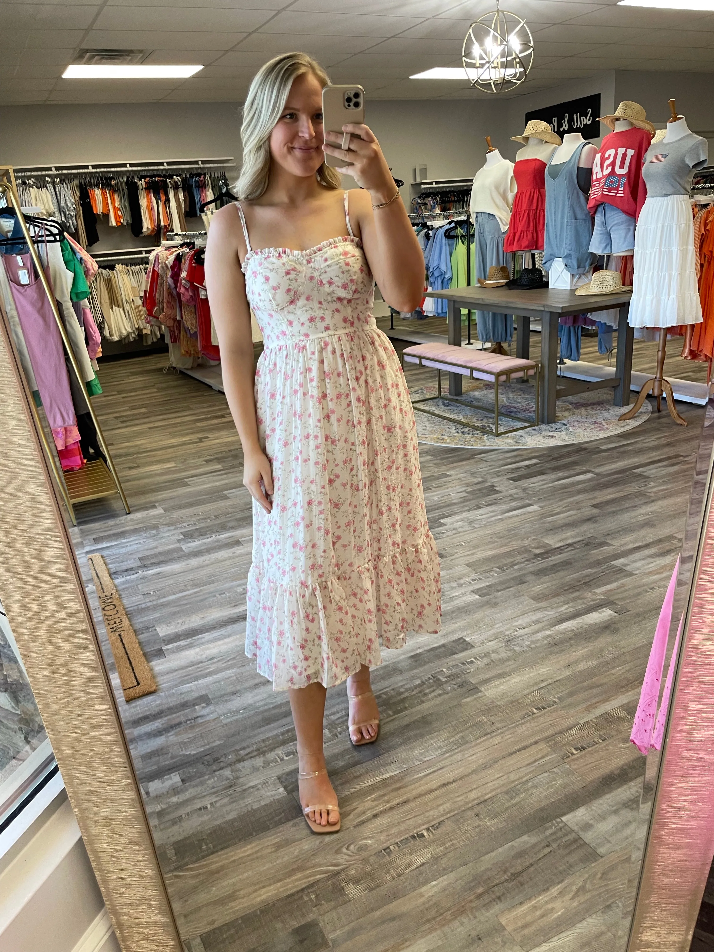 Rose Print Midi Dress - Cream/Pink