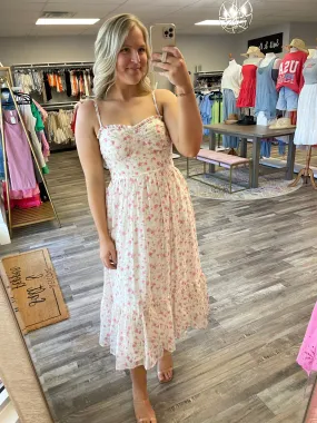 Rose Print Midi Dress - Cream/Pink