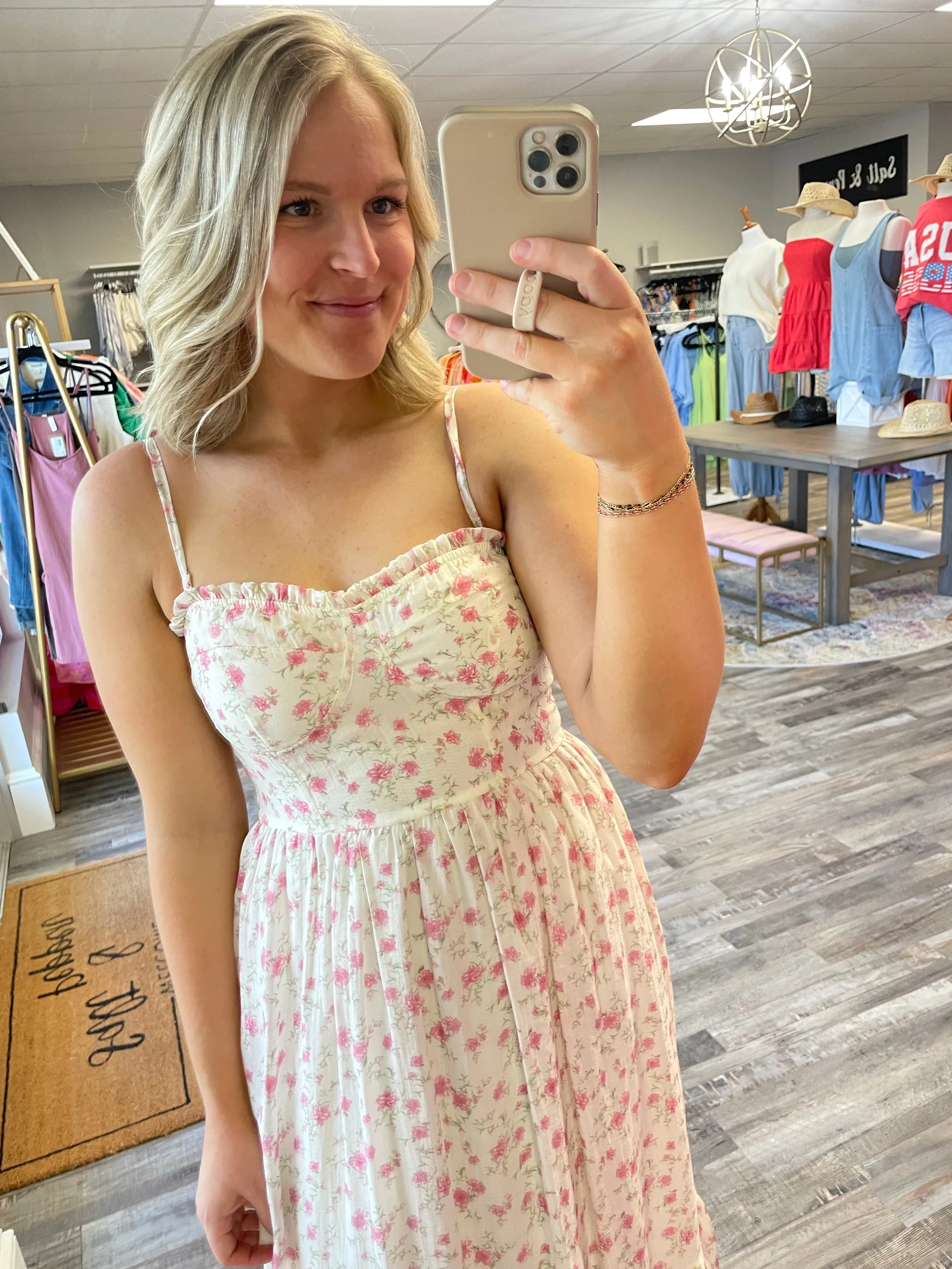 Rose Print Midi Dress - Cream/Pink