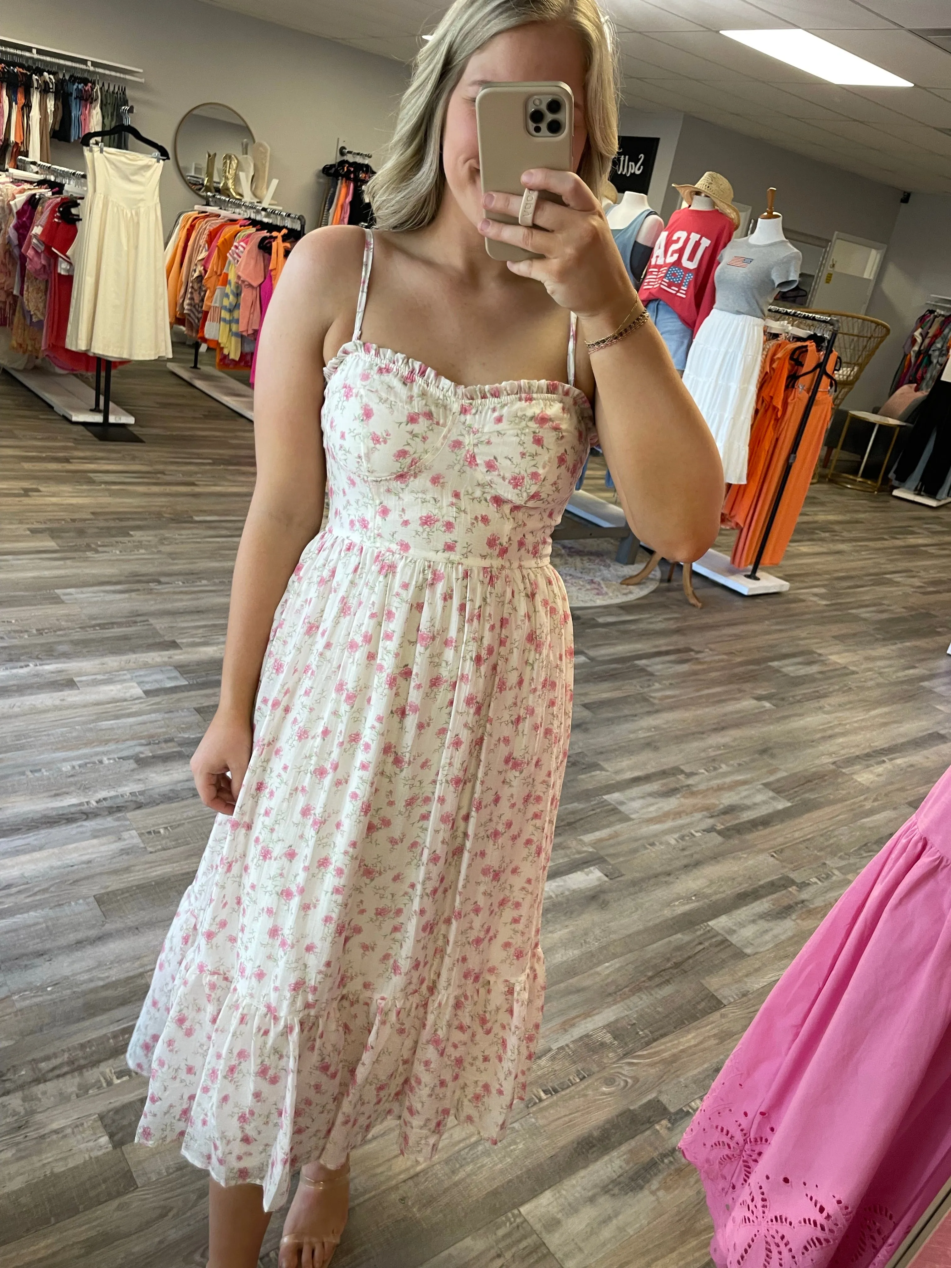 Rose Print Midi Dress - Cream/Pink