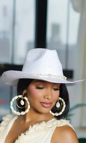 Shell Band Straw Fedora - White